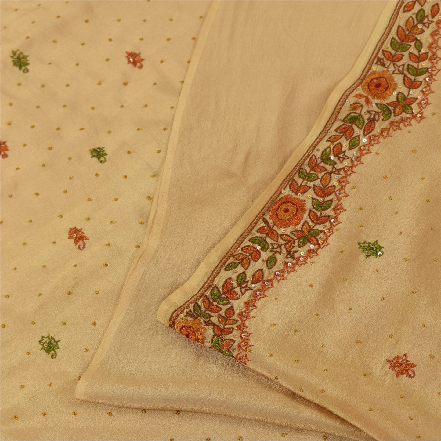 Sanskriti Vintage Sarees Peach Hand Beaded Pure CrepeSilk Sari 5+yd Craft Fabric