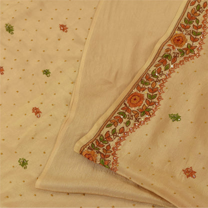 Sanskriti Vintage Sarees Peach Hand Beaded Pure CrepeSilk Sari 5+yd Craft Fabric