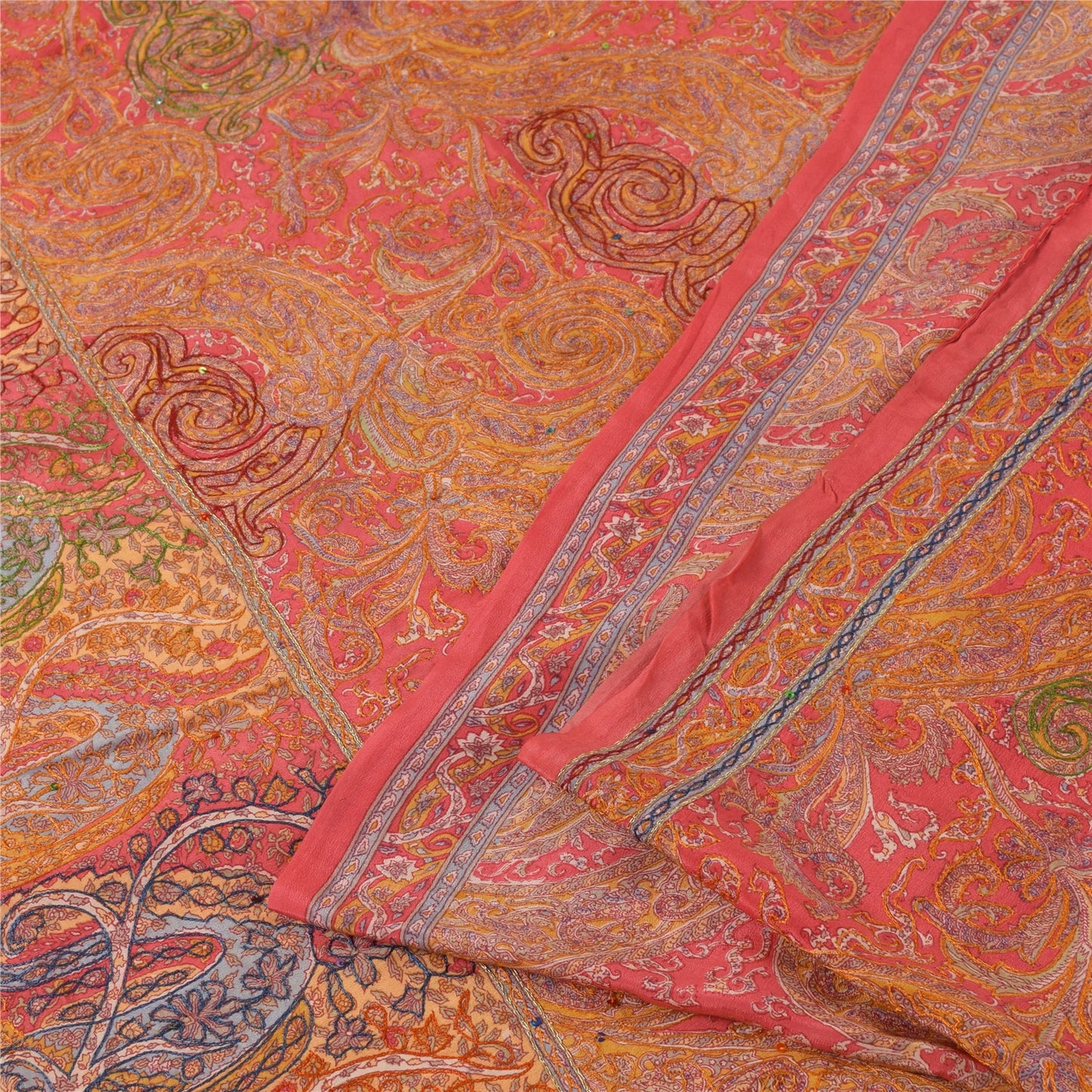 Sanskriti Vintage Sarees Pink Embroidered & Printed Pure Crepe Sari Craft Fabric