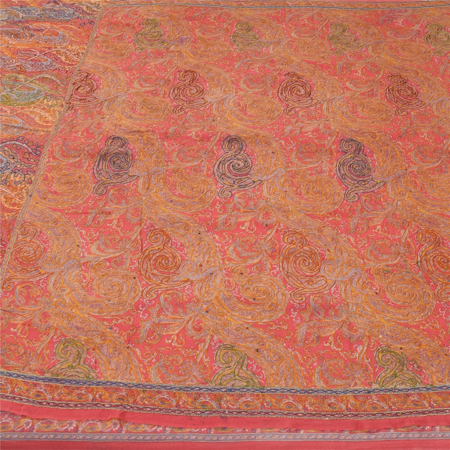 Sanskriti Vintage Sarees Pink Embroidered & Printed Pure Crepe Sari Craft Fabric