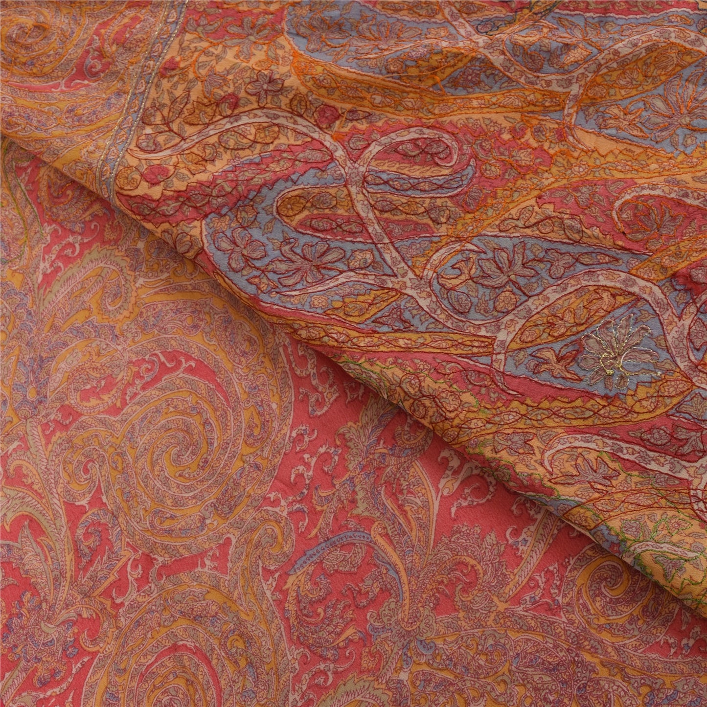 Sanskriti Vintage Sarees Pink Embroidered & Printed Pure Crepe Sari Craft Fabric