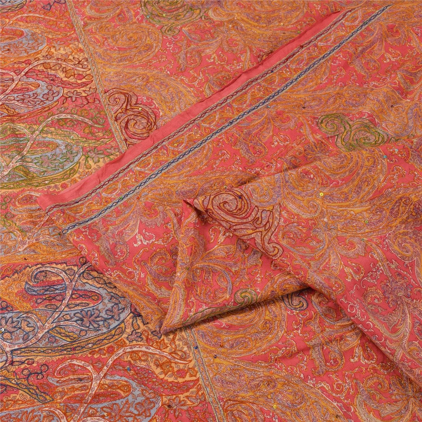 Sanskriti Vintage Sarees Pink Embroidered & Printed Pure Crepe Sari Craft Fabric