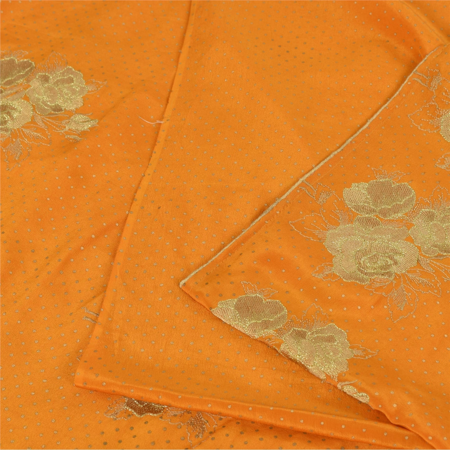 Sanskriti Vintage Sarees Yellow Embroidered & Painted Pure Silk Sari 6yd Fabric
