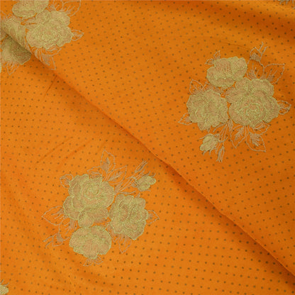Sanskriti Vintage Sarees Yellow Embroidered & Painted Pure Silk Sari 6yd Fabric