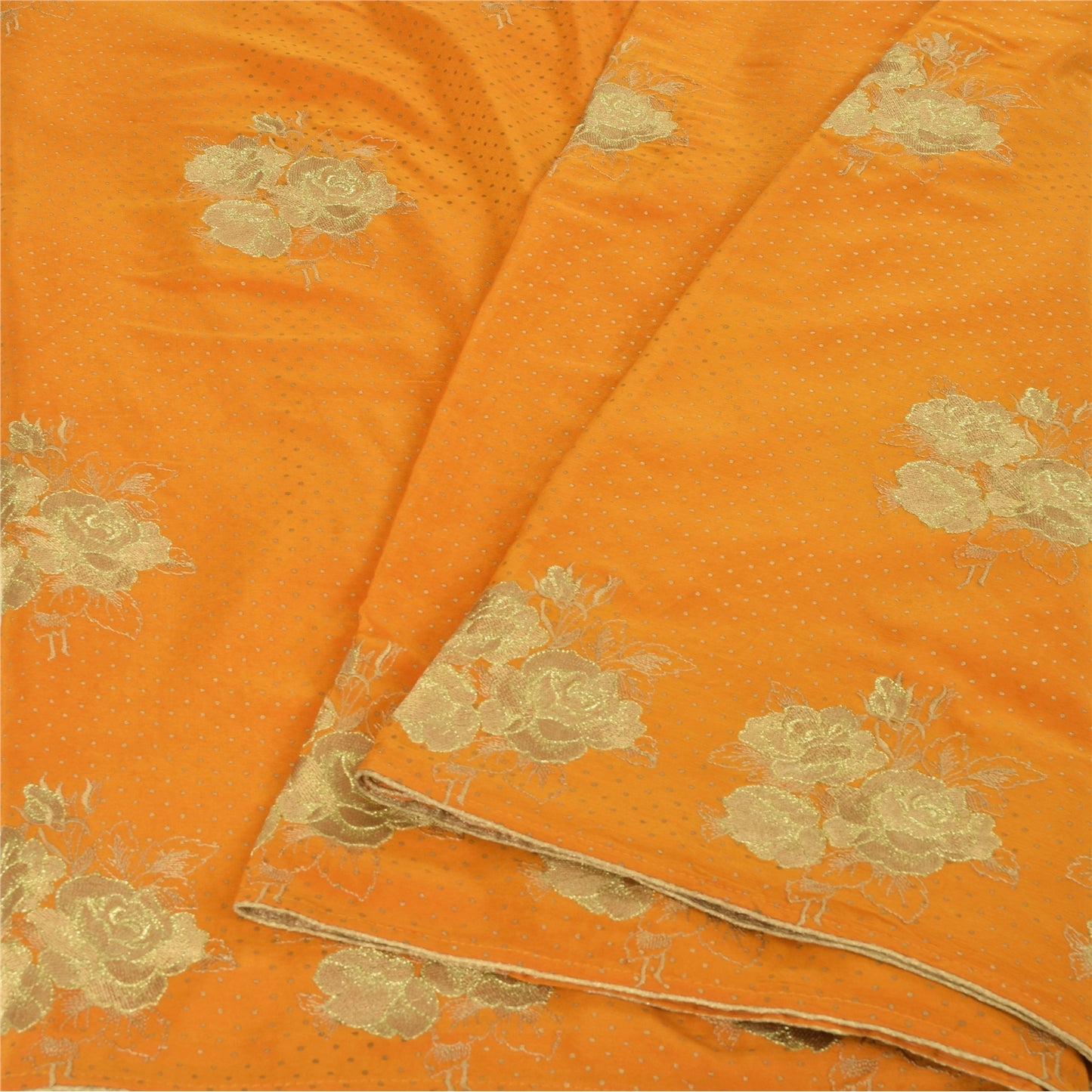 Sanskriti Vintage Sarees Yellow Embroidered & Painted Pure Silk Sari 6yd Fabric
