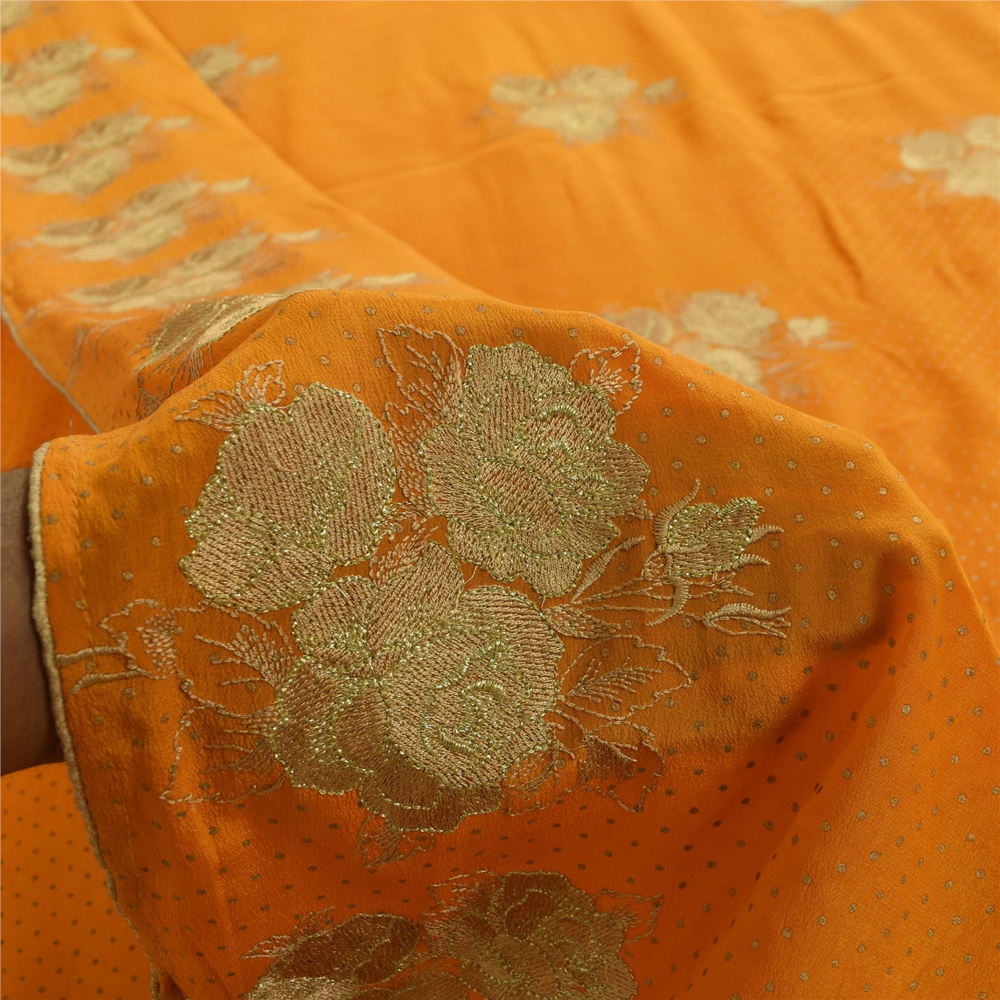 Sanskriti Vintage Sarees Yellow Embroidered & Painted Pure Silk Sari 6yd Fabric