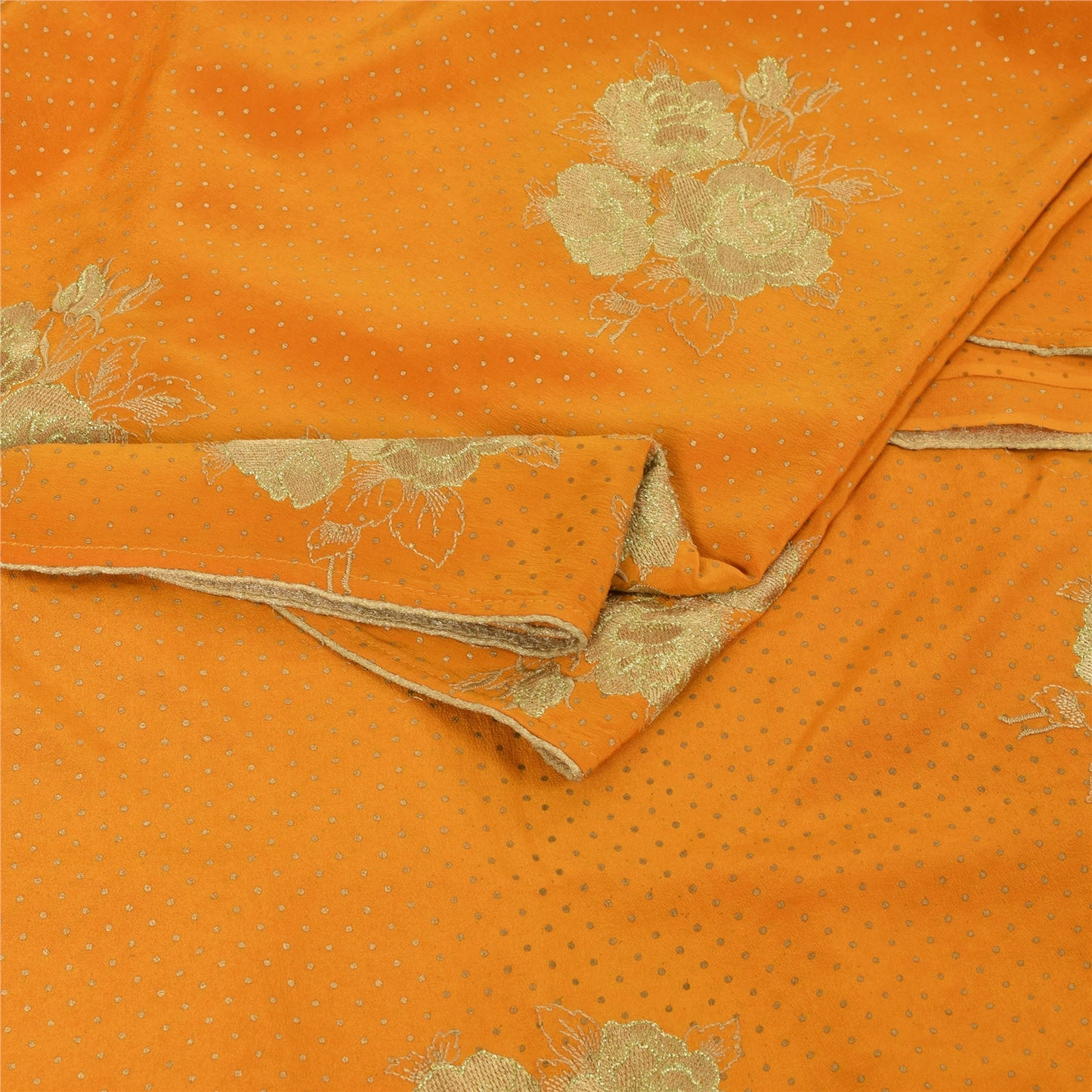 Sanskriti Vintage Sarees Yellow Embroidered & Painted Pure Silk Sari 6yd Fabric