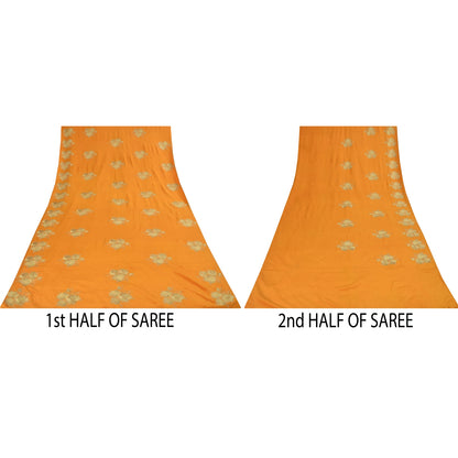 Sanskriti Vintage Sarees Yellow Embroidered & Painted Pure Silk Sari 6yd Fabric