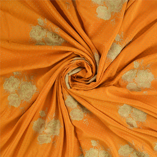 Sanskriti Vintage Sarees Yellow Embroidered & Painted Pure Silk Sari 6yd Fabric