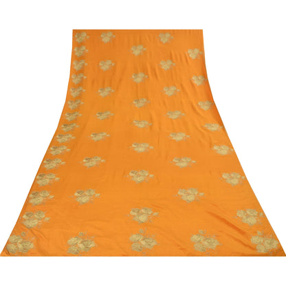 Sanskriti Vintage Sarees Yellow Embroidered & Painted Pure Silk Sari 6yd Fabric