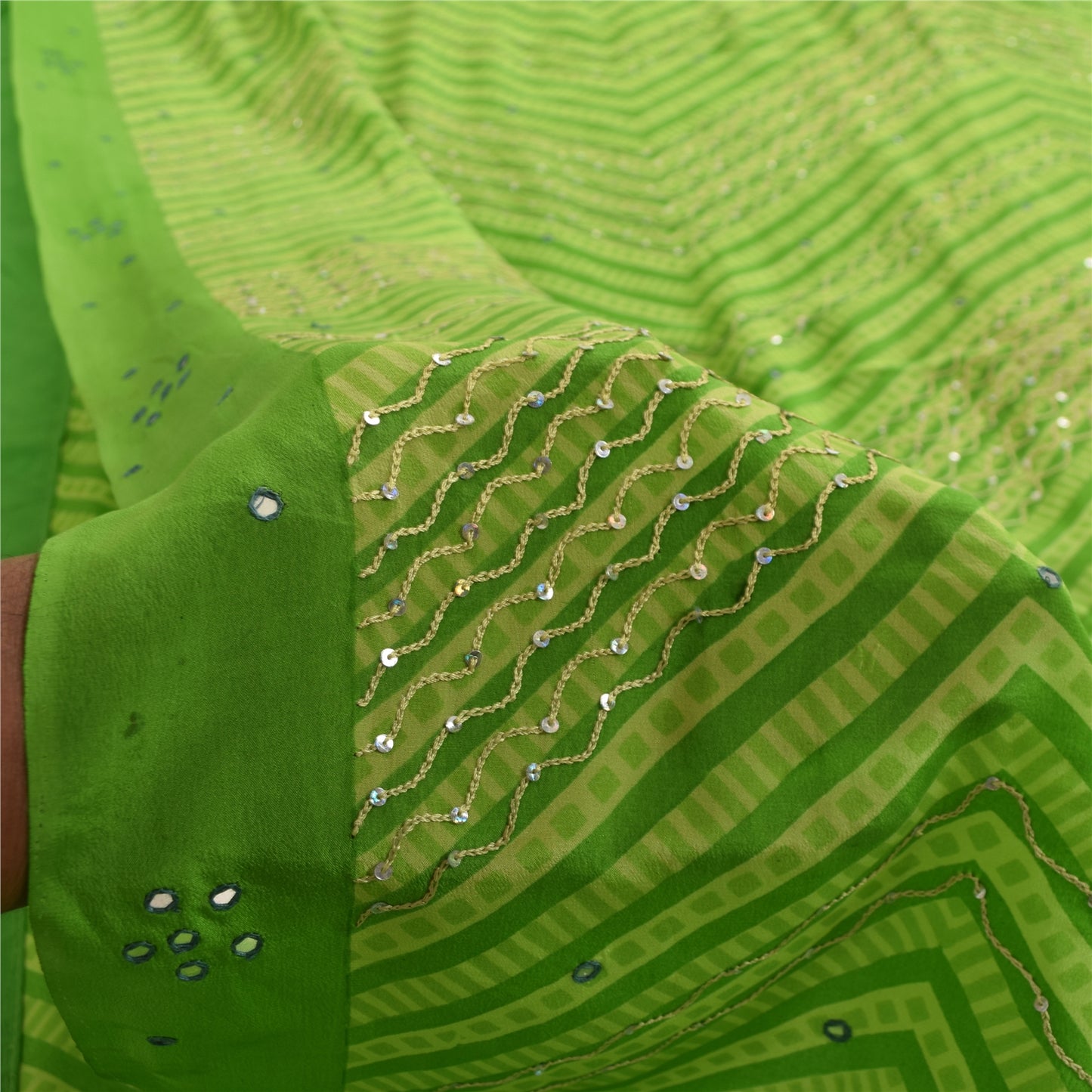 Sanskriti Vintage Sarees Green Embroidery Print Pure CrepeSari 5+yd Craft Fabric
