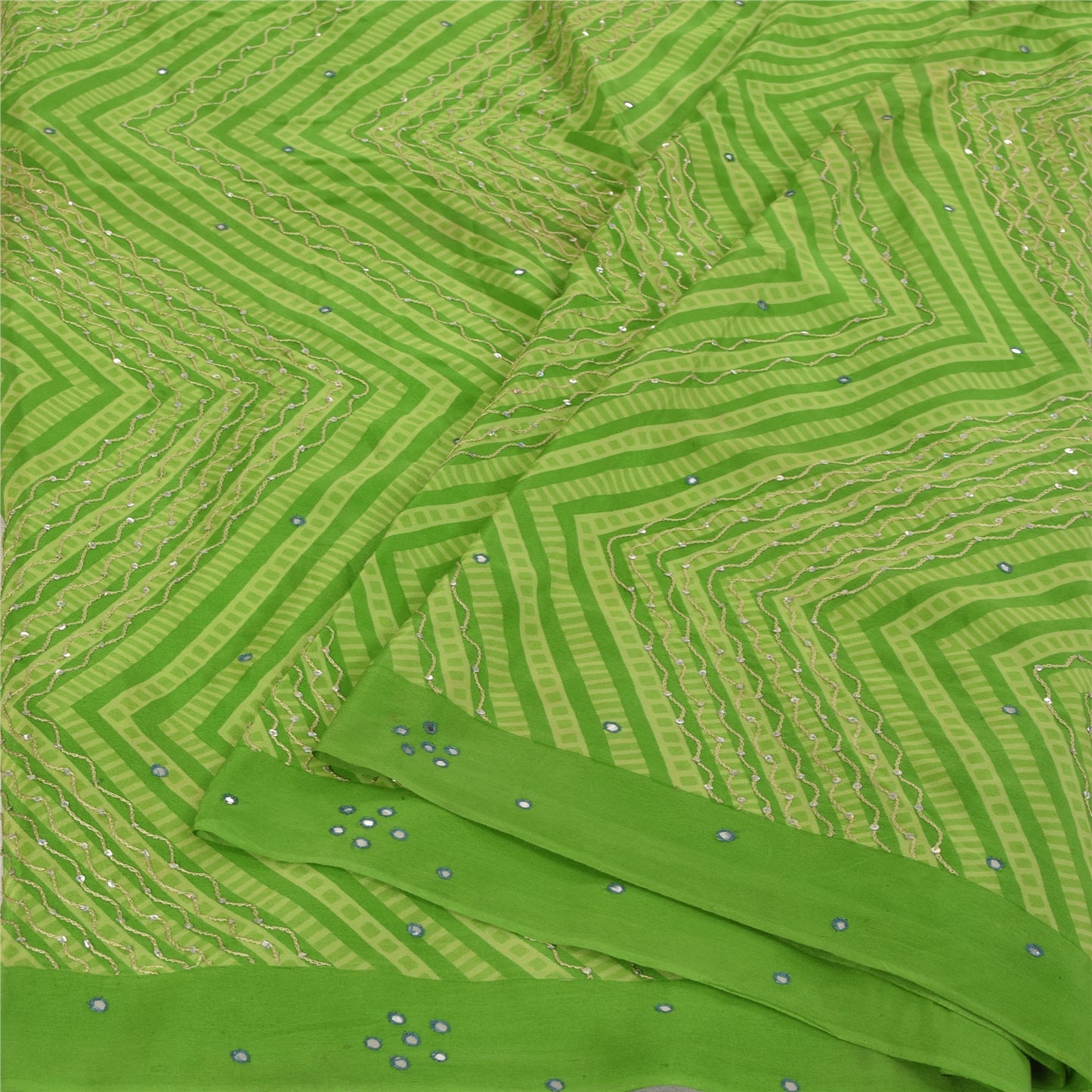 Sanskriti Vintage Sarees Green Embroidery Print Pure CrepeSari 5+yd Craft Fabric