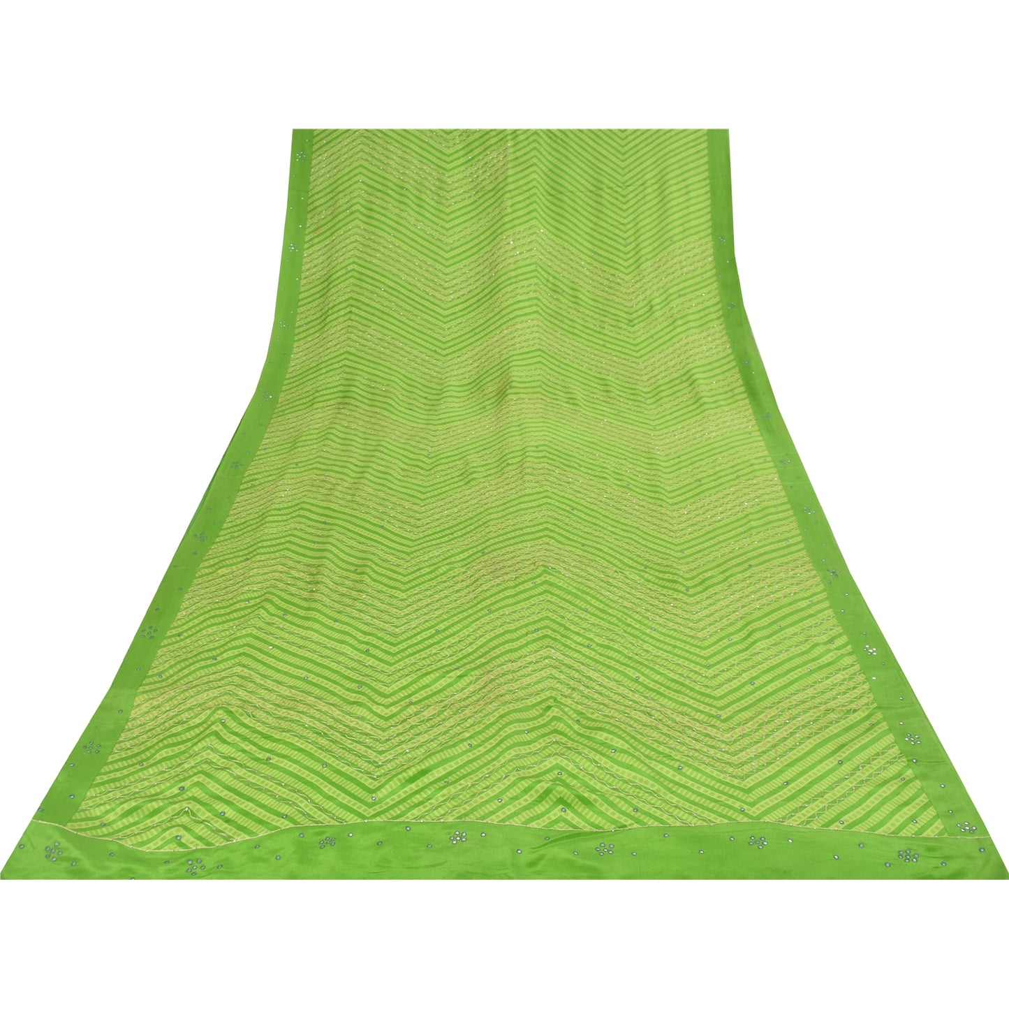 Sanskriti Vintage Sarees Green Embroidery Print Pure CrepeSari 5+yd Craft Fabric