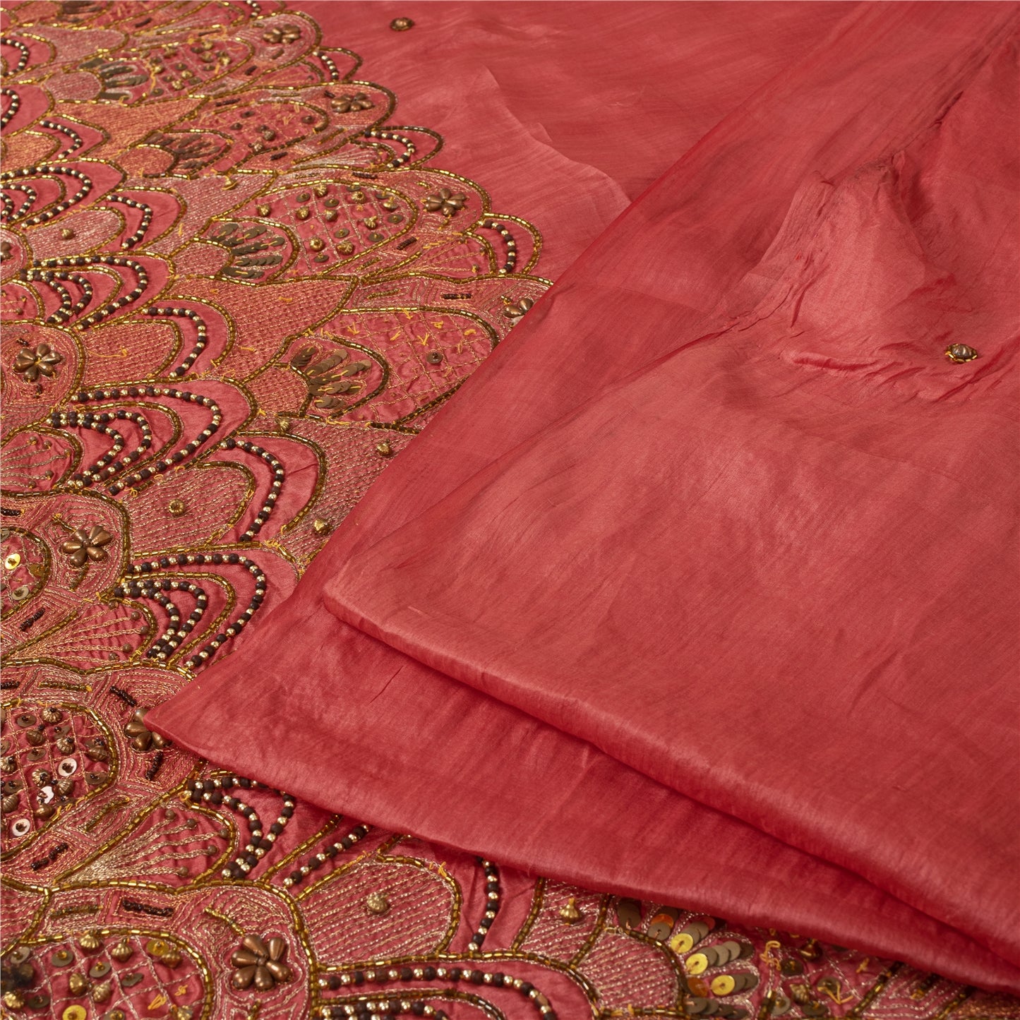 Sanskriti Vintage Sarees Dusty Pink Hand Beaded Zari Pure Silk Sari 5+yd Fabric