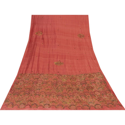 Sanskriti Vintage Sarees Dusty Pink Hand Beaded Zari Pure Silk Sari 5+yd Fabric
