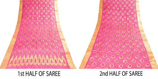 Sanskriti Vintage Pink 100%Pure Silk Saree Brocade Woven Sari 5.5YD Craft Fabric