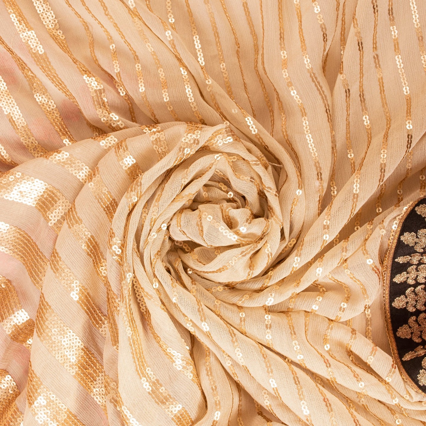 Sanskriti Vintage Sarees Cream Chiffon Embroidered Sequins 6YD Dressmaking Sari