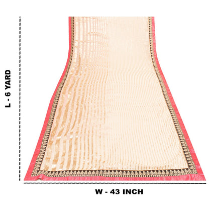 Sanskriti Vintage Sarees Cream Chiffon Embroidered Sequins 6YD Dressmaking Sari