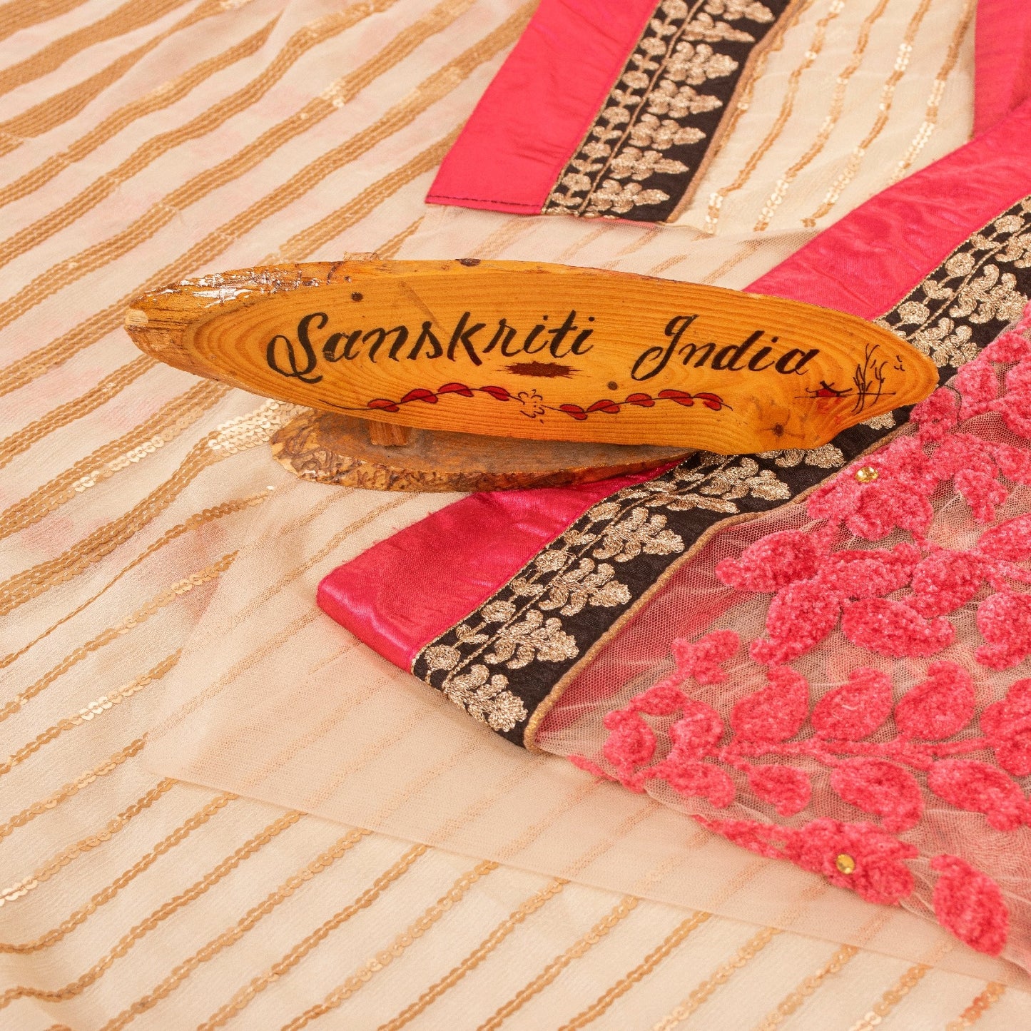 Sanskriti Vintage Sarees Cream Chiffon Embroidered Sequins 6YD Dressmaking Sari