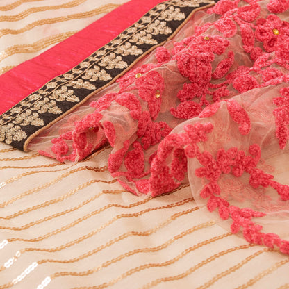 Sanskriti Vintage Sarees Cream Chiffon Embroidered Sequins 6YD Dressmaking Sari