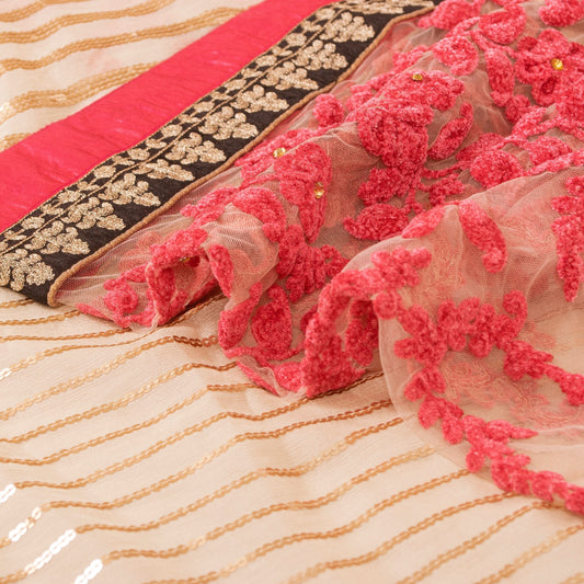 Sanskriti Vintage Sarees Cream Chiffon Embroidered Sequins 6YD Dressmaking Sari