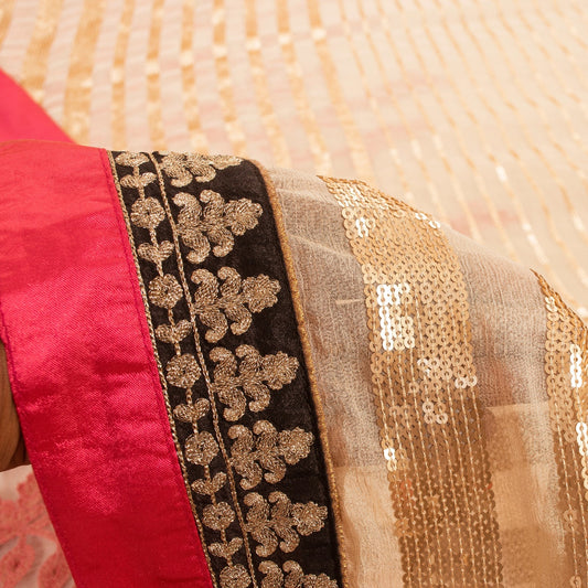 Sanskriti Vintage Sarees Cream Chiffon Embroidered Sequins 6YD Dressmaking Sari