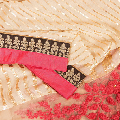 Sanskriti Vintage Sarees Cream Chiffon Embroidered Sequins 6YD Dressmaking Sari