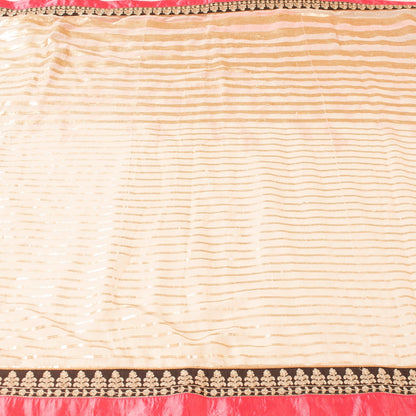 Sanskriti Vintage Sarees Cream Chiffon Embroidered Sequins 6YD Dressmaking Sari