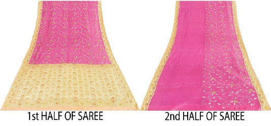 Sanskriti Vintage Pink Sarees Pure Silk Hand Woven & Embroidered 5+YD Decor Sari