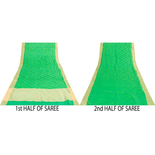 Sanskriti Vintage Green Sarees Pure Silk Woven 5+YD Sari Indian Upcycled Fabric