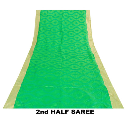 Sanskriti Vintage Green Sarees Pure Silk Woven 5+YD Sari Indian Upcycled Fabric