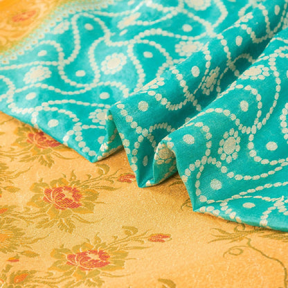 Sanskriti Vintage Blue & Yellow Sarees Pure Silk Hand Woven Sari Upcycled Fabric