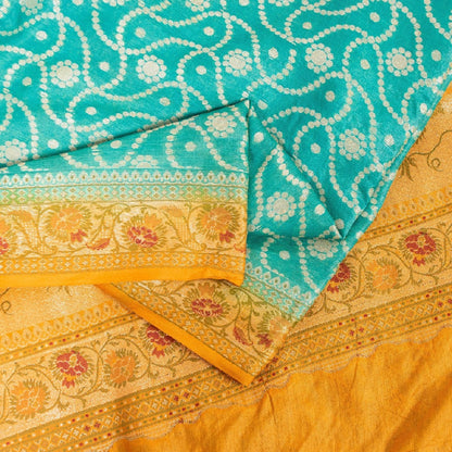 Sanskriti Vintage Blue & Yellow Sarees Pure Silk Hand Woven Sari Upcycled Fabric