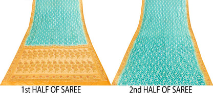 Sanskriti Vintage Blue & Yellow Sarees Pure Silk Hand Woven Sari Upcycled Fabric