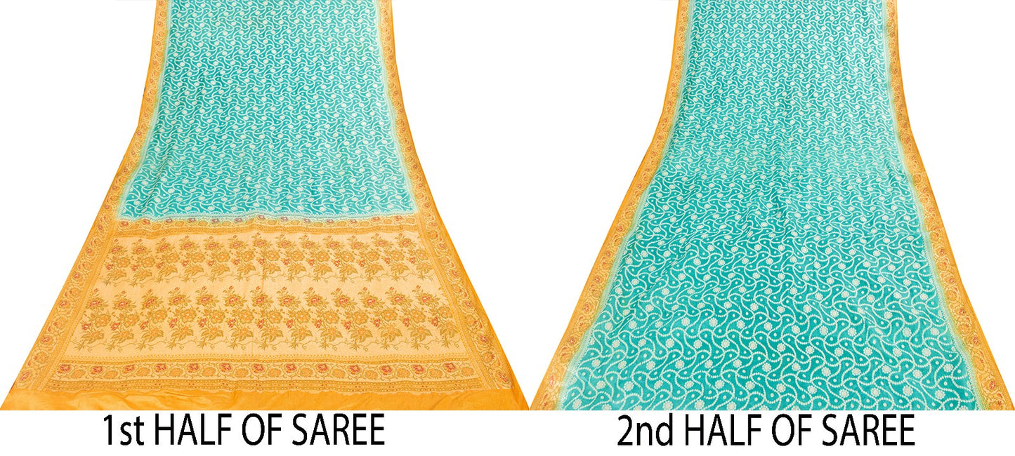 Sanskriti Vintage Blue & Yellow Sarees Pure Silk Hand Woven Sari Upcycled Fabric