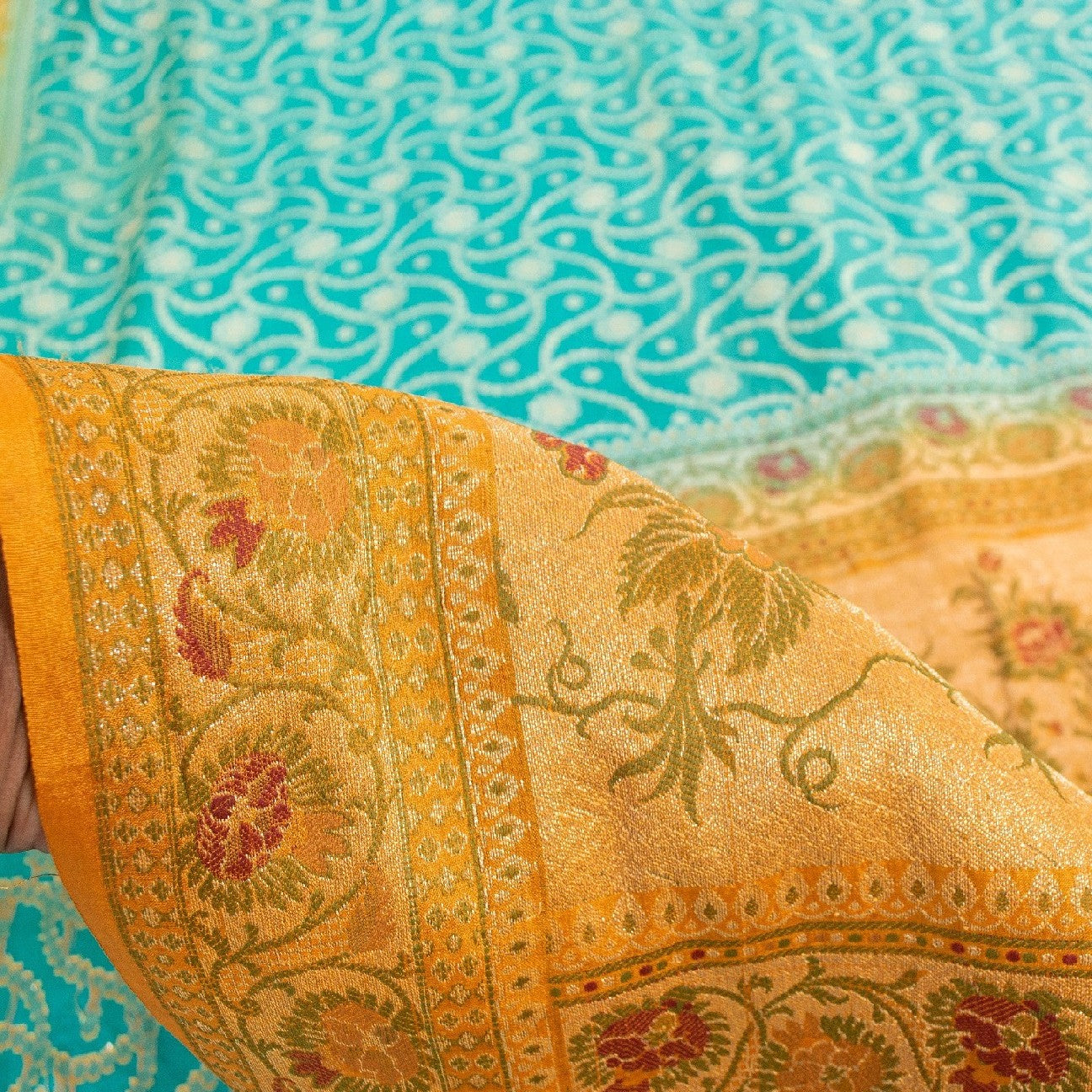 Sanskriti Vintage Blue & Yellow Sarees Pure Silk Hand Woven Sari Upcycled Fabric