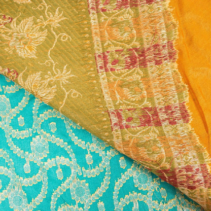 Sanskriti Vintage Blue & Yellow Sarees Pure Silk Hand Woven Sari Upcycled Fabric