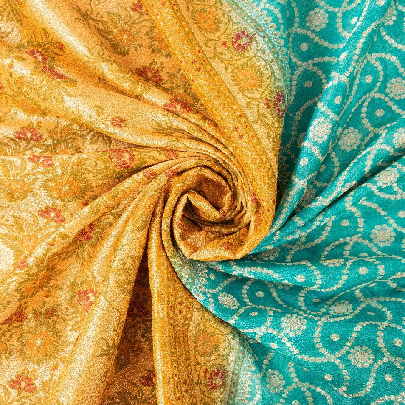 Sanskriti Vintage Blue & Yellow Sarees Pure Silk Hand Woven Sari Upcycled Fabric