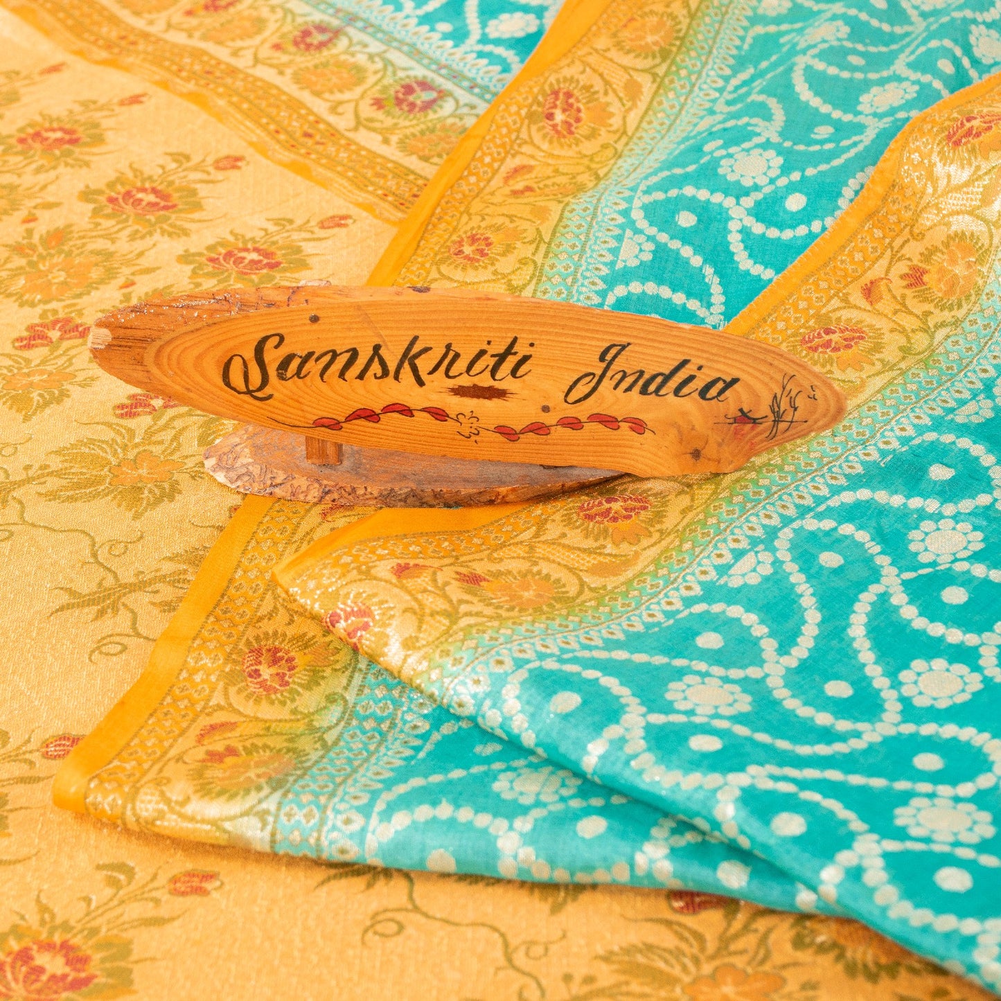 Sanskriti Vintage Blue & Yellow Sarees Pure Silk Hand Woven Sari Upcycled Fabric