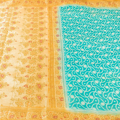 Sanskriti Vintage Blue & Yellow Sarees Pure Silk Hand Woven Sari Upcycled Fabric