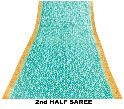 Sanskriti Vintage Blue & Yellow Sarees Pure Silk Hand Woven Sari Upcycled Fabric