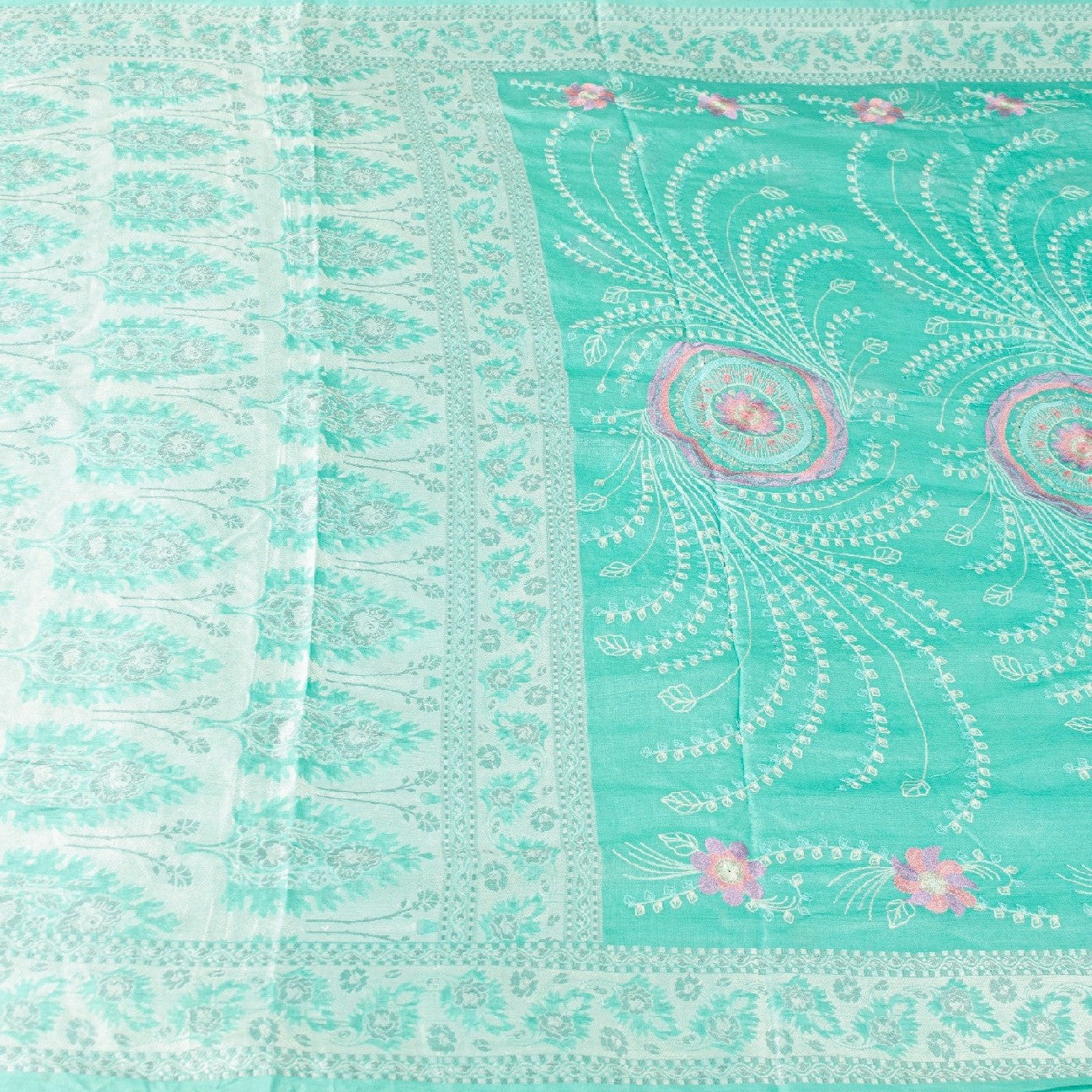 Sanskriti Vintage Saree Sky-Blue Saree 100% Pure Silk Hand Woven & Embroidered 5.5+Yd Sari Create-Floral Dresses, Kaftans, Skirts, Tops