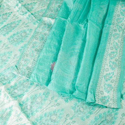 Sanskriti Vintage Saree Sky-Blue Saree 100% Pure Silk Hand Woven & Embroidered 5.5+Yd Sari Create-Floral Dresses, Kaftans, Skirts, Tops
