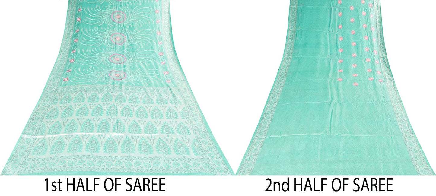 Sanskriti Vintage Saree Sky-Blue Saree 100% Pure Silk Hand Woven & Embroidered 5.5+Yd Sari Create-Floral Dresses, Kaftans, Skirts, Tops
