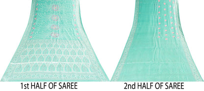 Sanskriti Vintage Saree Sky-Blue Saree 100% Pure Silk Hand Woven & Embroidered 5.5+Yd Sari Create-Floral Dresses, Kaftans, Skirts, Tops