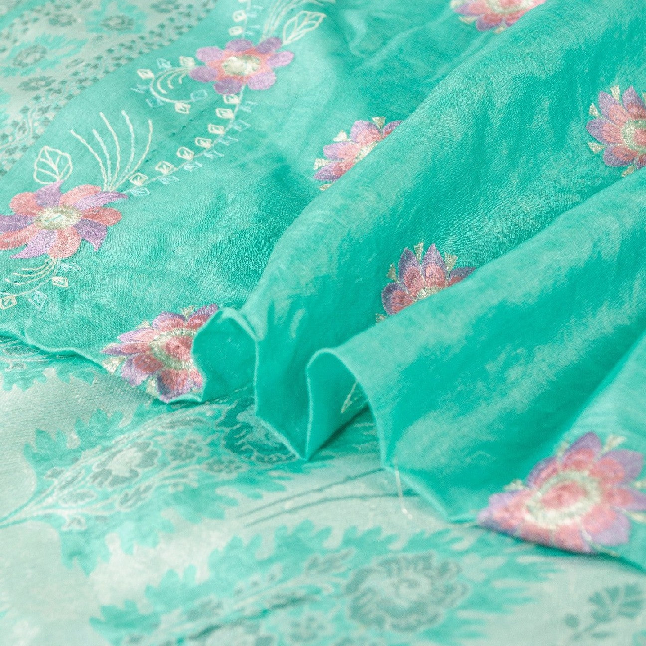 Sanskriti Vintage Saree Sky-Blue Saree 100% Pure Silk Hand Woven & Embroidered 5.5+Yd Sari Create-Floral Dresses, Kaftans, Skirts, Tops