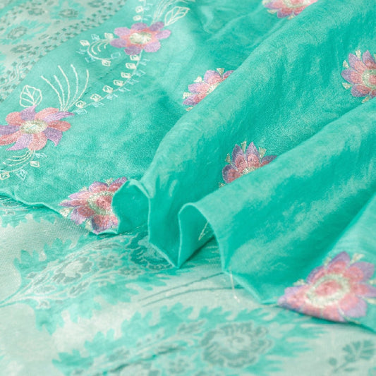 Sanskriti Vintage Sky-Blue Sarees Pure Silk Hand Woven & Embroidered 5+YD Sari