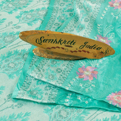 Sanskriti Vintage Saree Sky-Blue Saree 100% Pure Silk Hand Woven & Embroidered 5.5+Yd Sari Create-Floral Dresses, Kaftans, Skirts, Tops