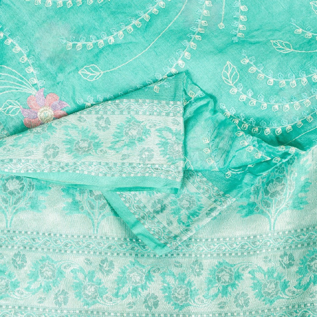 Sanskriti Vintage Saree Sky-Blue Saree 100% Pure Silk Hand Woven & Embroidered 5.5+Yd Sari Create-Floral Dresses, Kaftans, Skirts, Tops