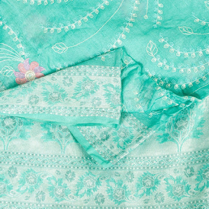 Sanskriti Vintage Saree Sky-Blue Saree 100% Pure Silk Hand Woven & Embroidered 5.5+Yd Sari Create-Floral Dresses, Kaftans, Skirts, Tops